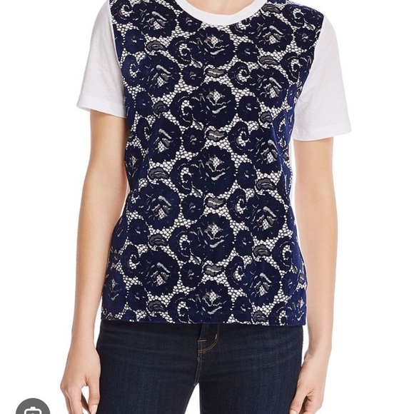 TORY BURCH Flocked Floral Lace-Print TEE Size S - Picture 2 of 7